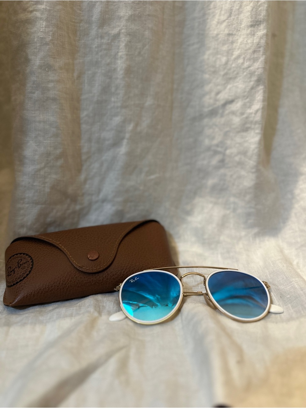 Ray-Ban White & Gold Frame Sunglasses with Round Blue Mirror Lenses